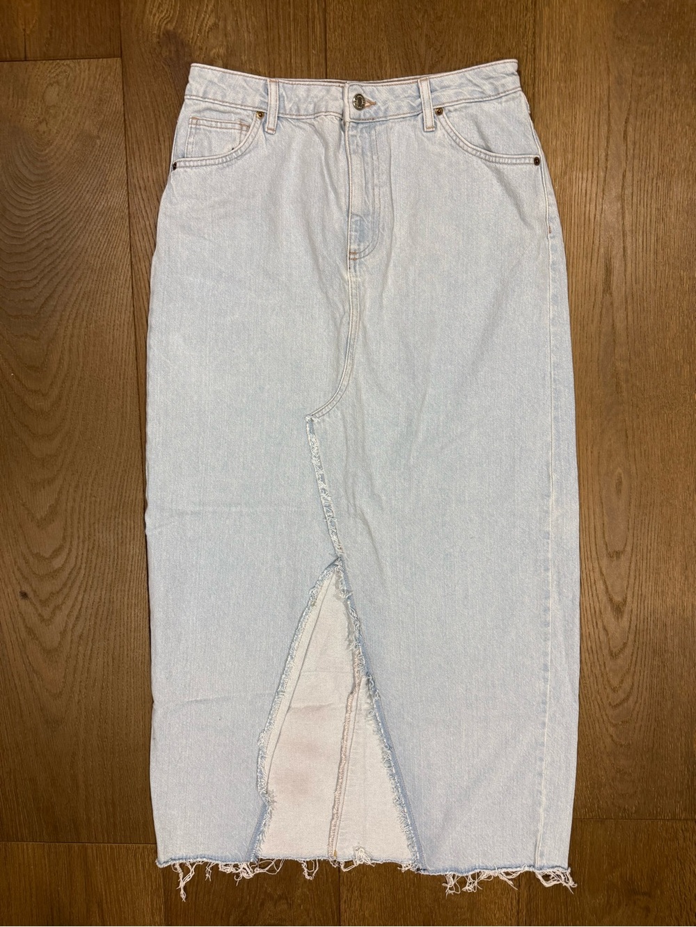 Topshop Light Wash Denim Maxi Skirt with Front Slit and Frayed Hem